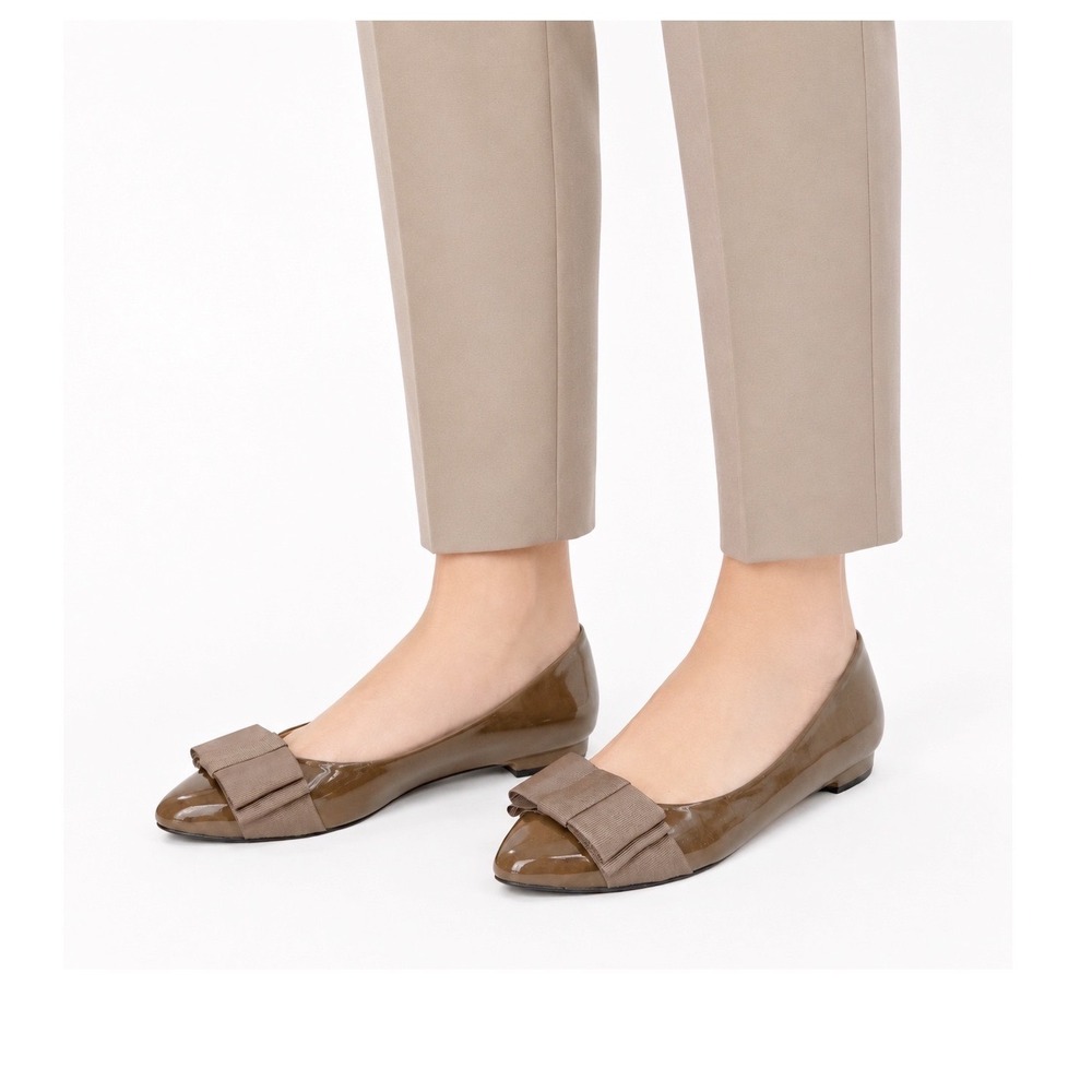 French Sole FS/NY Women 8 M Pointed Toe Patent Leather Bow Flats Brown Taupe